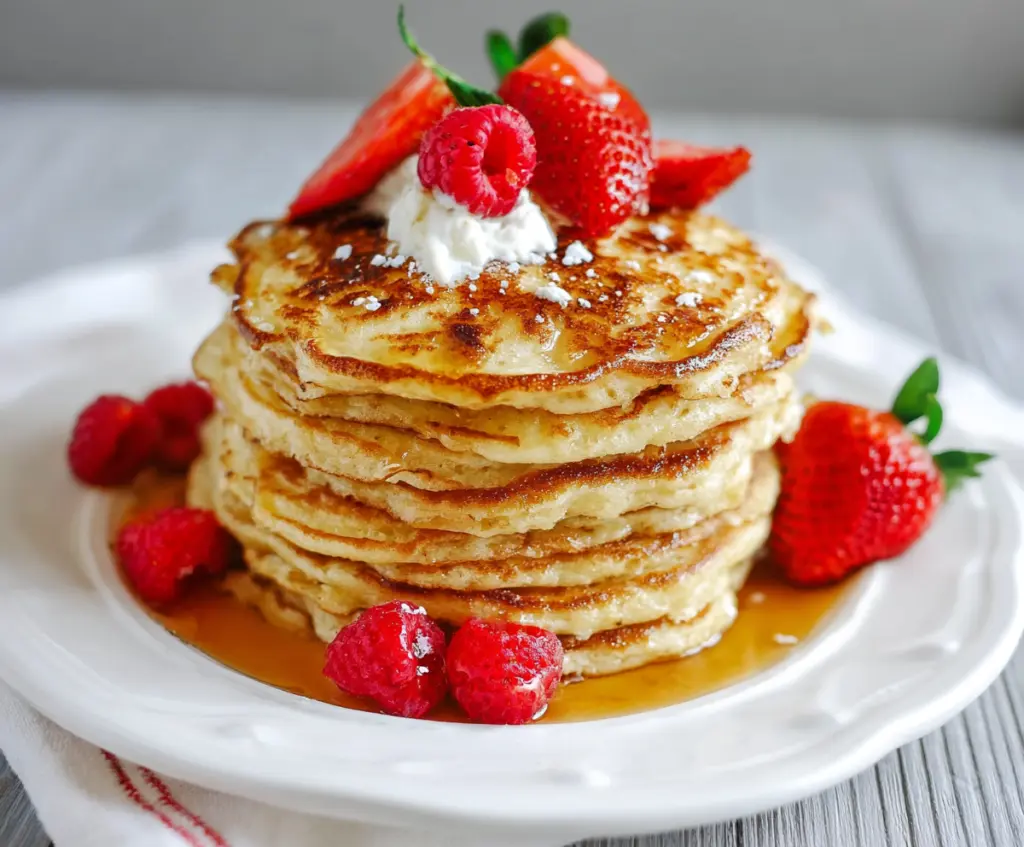 Delicious high-protein cottage cheese pancakes stacked on a plate, garnished with fresh berries and a drizzle of honey.
