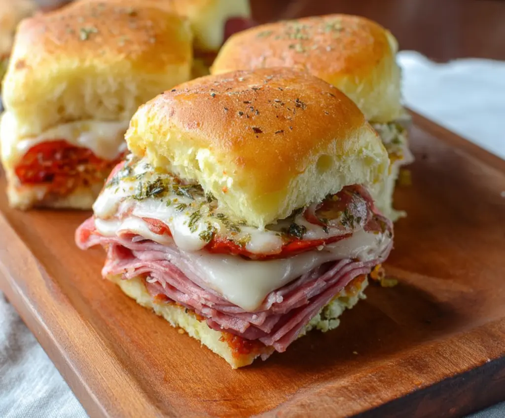 Delicious Hot Italian Sub Sliders with melted cheese, Italian meats, and peppers