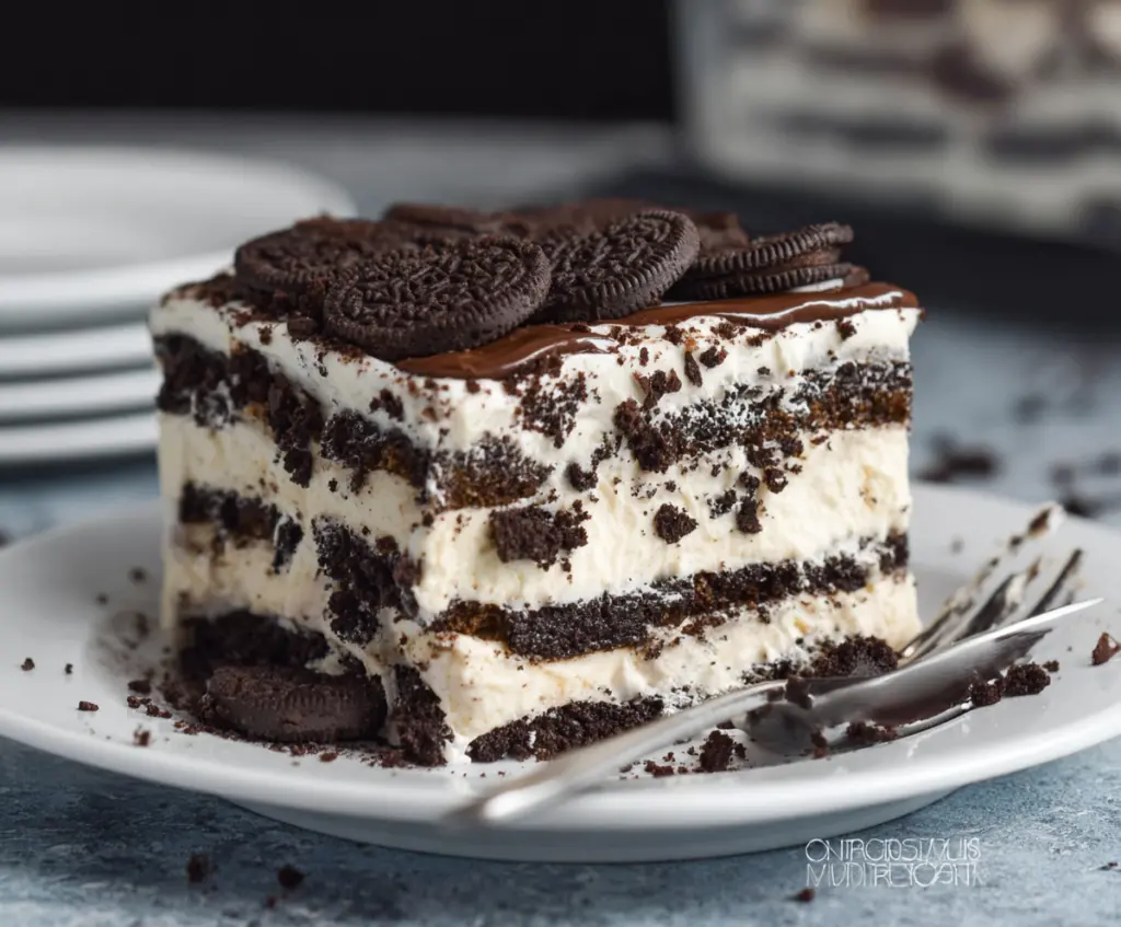 Delicious no bake Oreo Icebox Cake layered with creamy filling and chocolate cookies