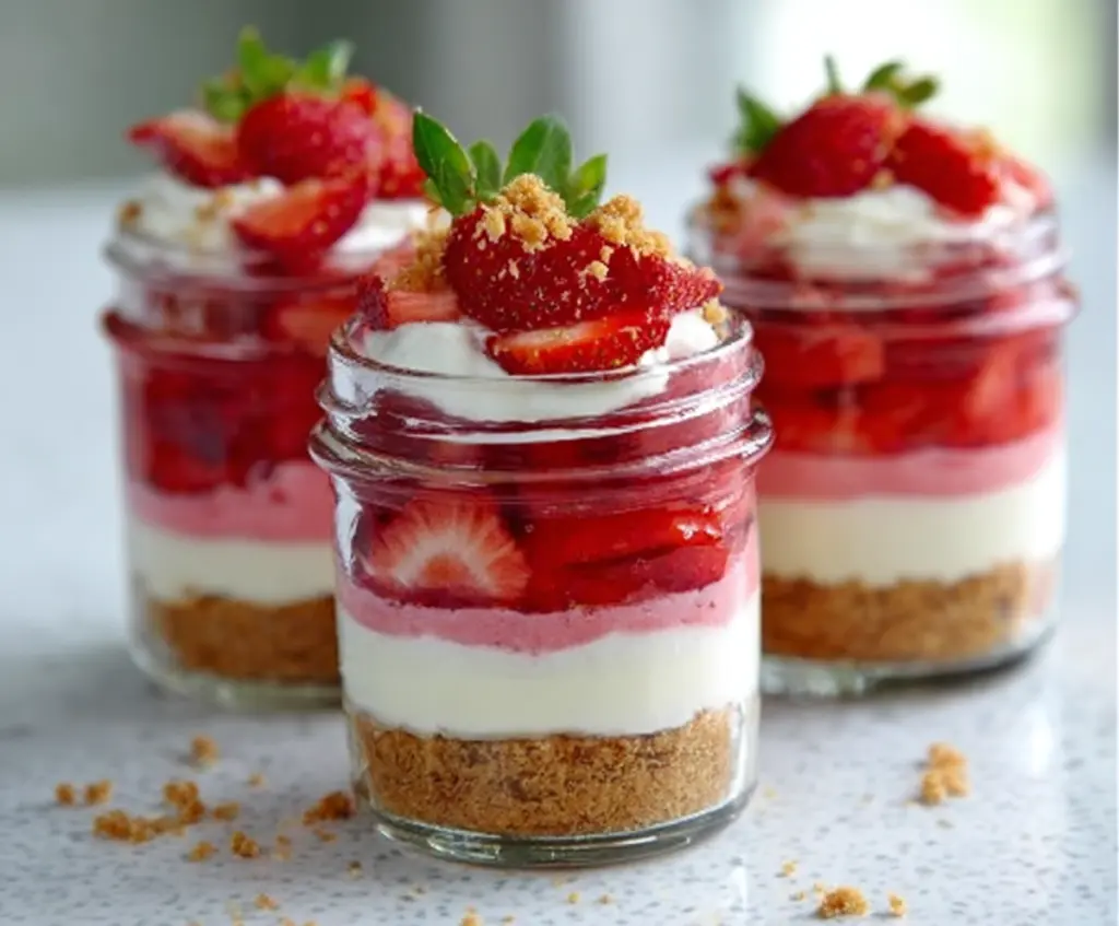 Delicious no-bake strawberry cheesecake jars with fresh strawberries and creamy cheese filling