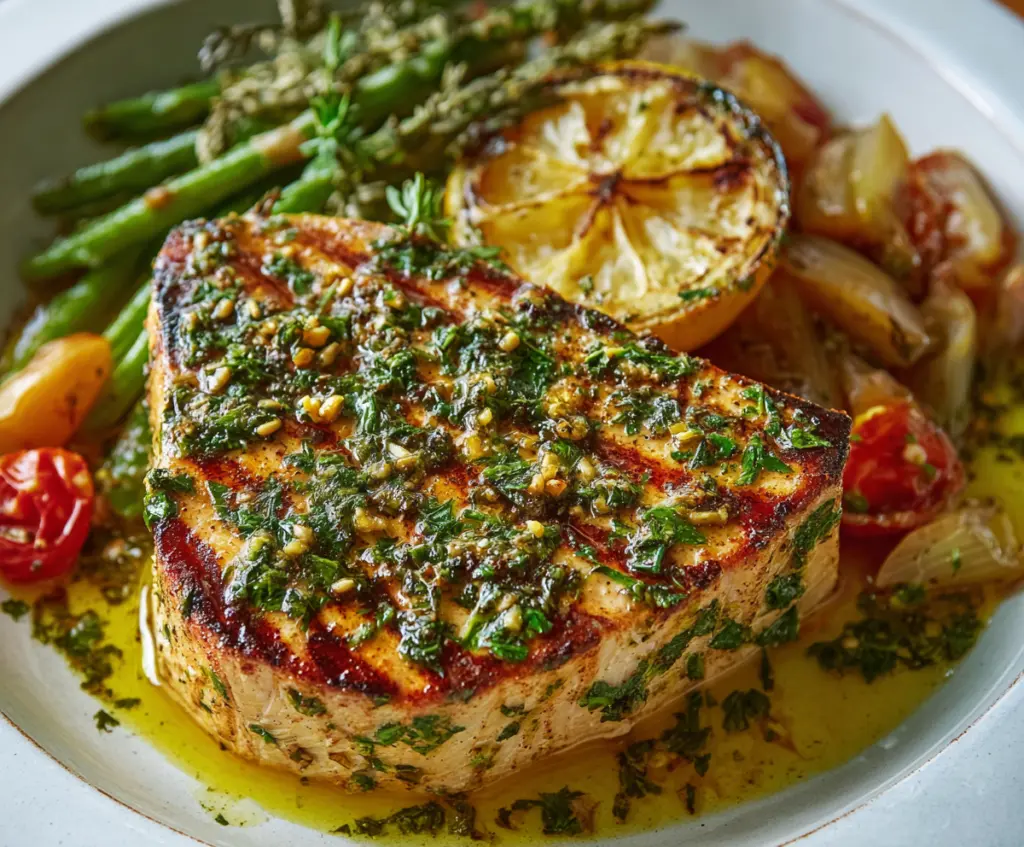 Delicious oven-baked swordfish fillet topped with lemon butter served on a plate