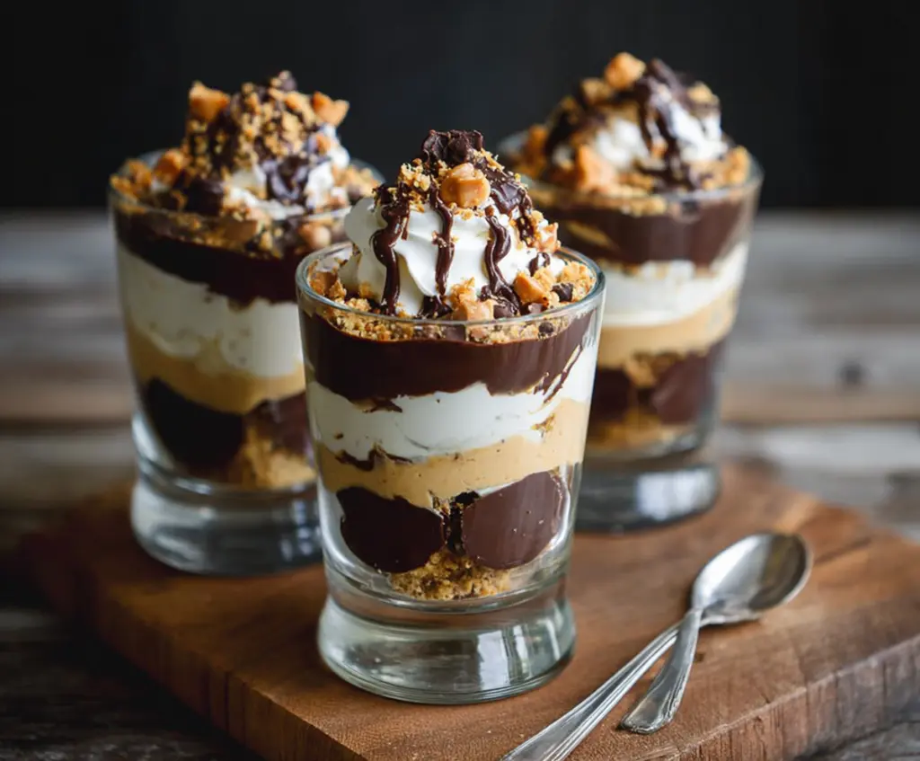 Delicious Peanut Butter Cup Parfaits layered with creamy peanut butter and chocolate in a glass.