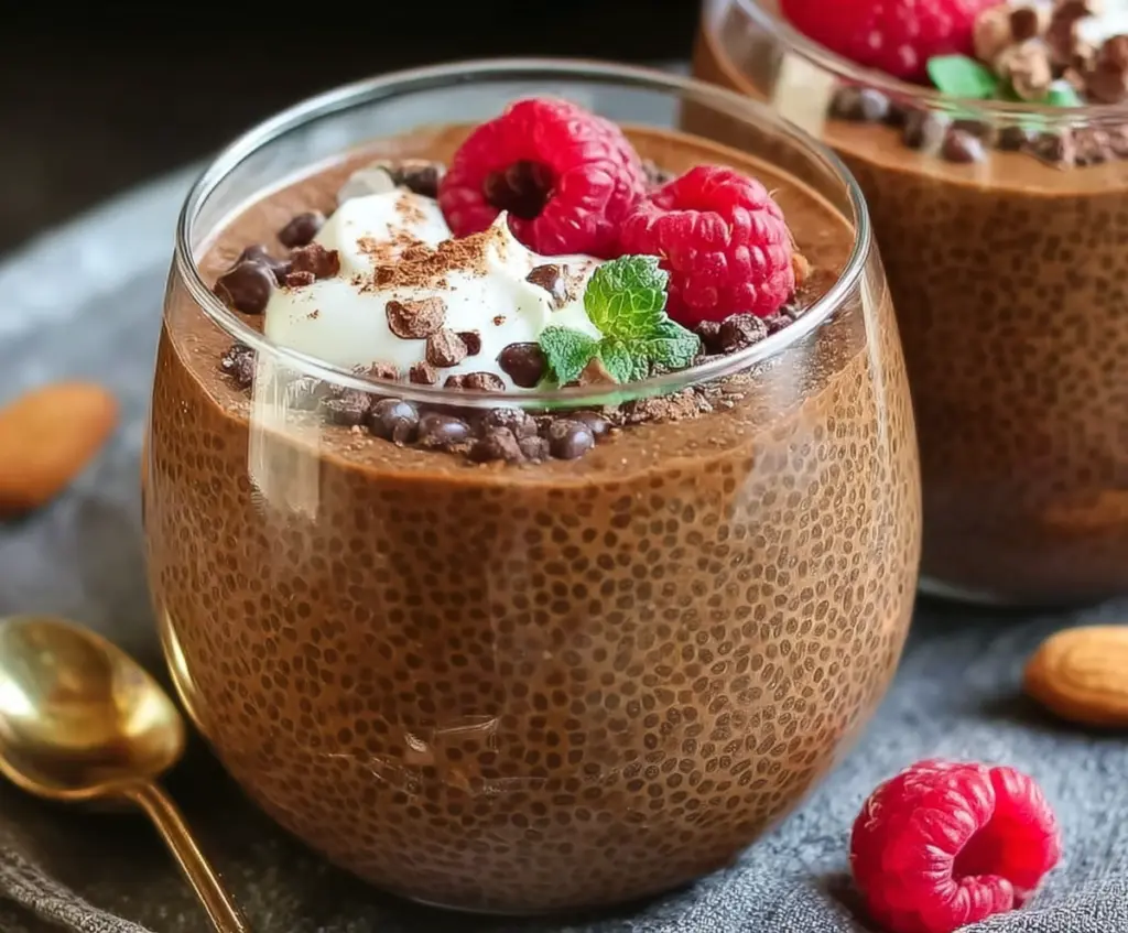 Delicious protein chocolate chia pudding in a glass jar, garnished with fresh berries and a sprinkle of chia seeds.