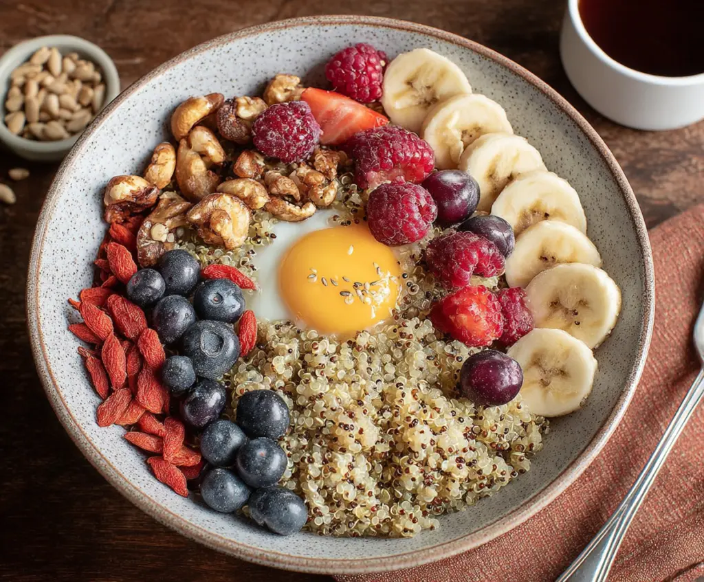 Healthy quinoa breakfast bowls topped with fresh fruits and nuts for a nutritious start to your day.