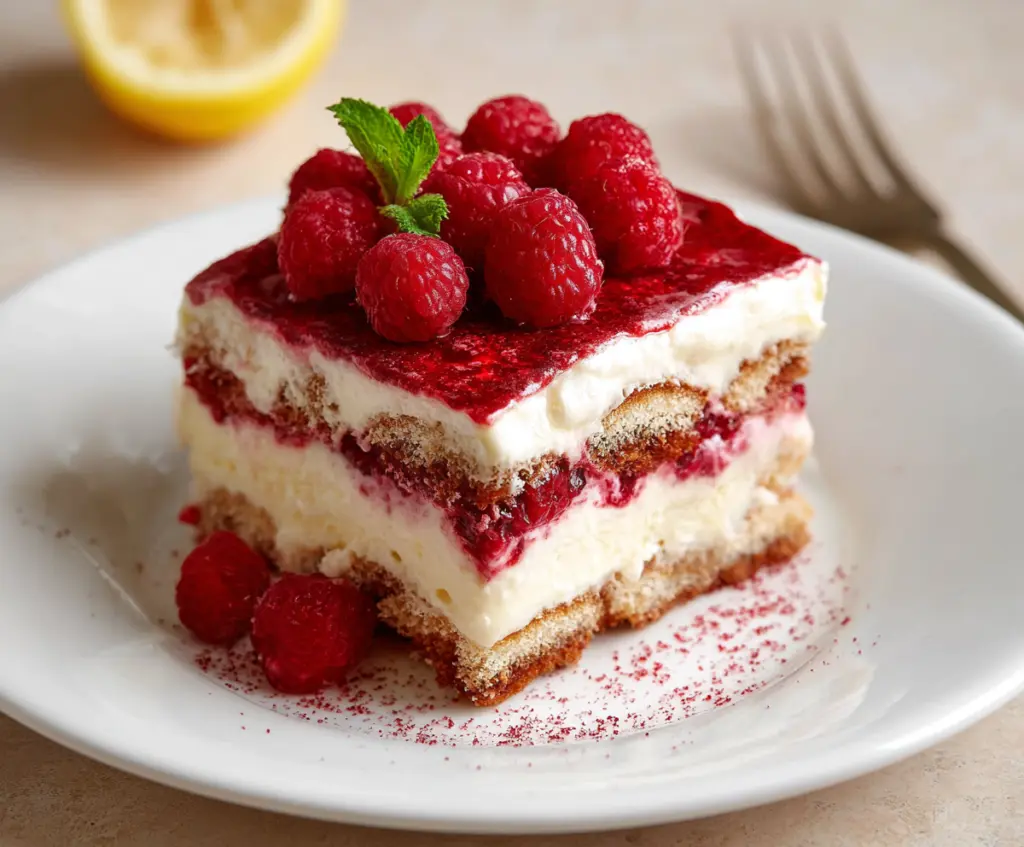 Raspberry Tiramisu dessert served in a glass with fresh raspberries and cocoa powder on top