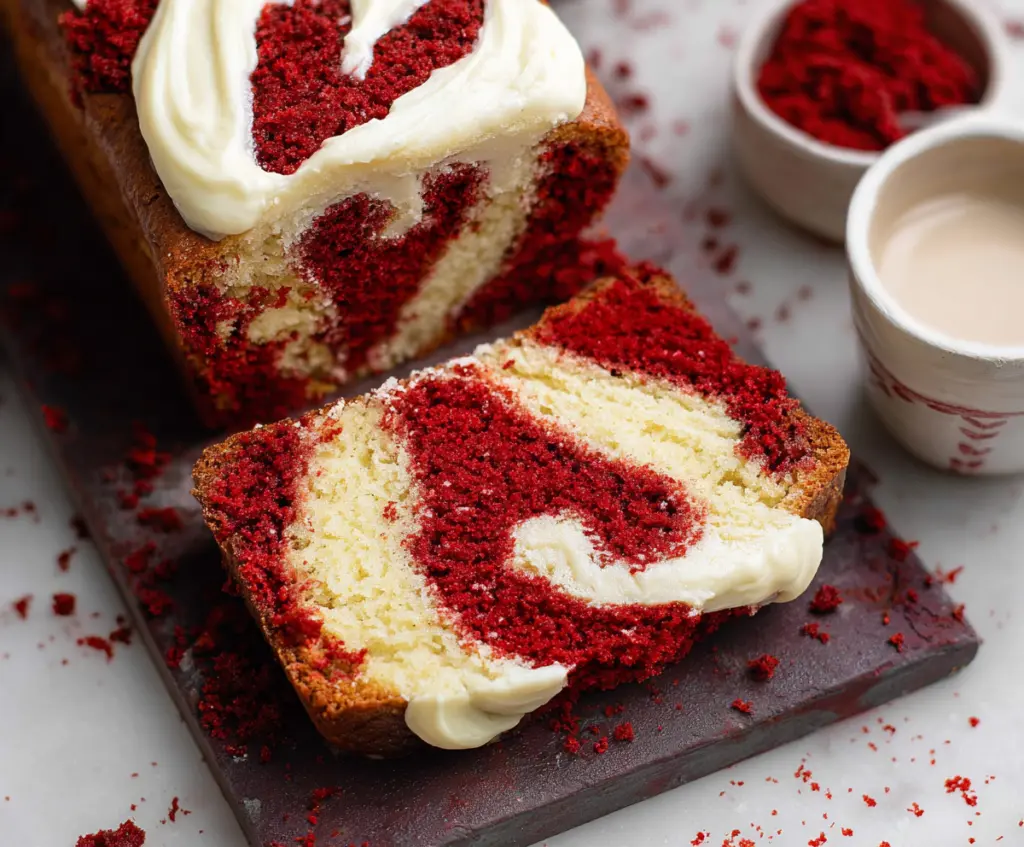 Delicious red velvet loaf cake with cream cheese frosting on a rustic wooden table.