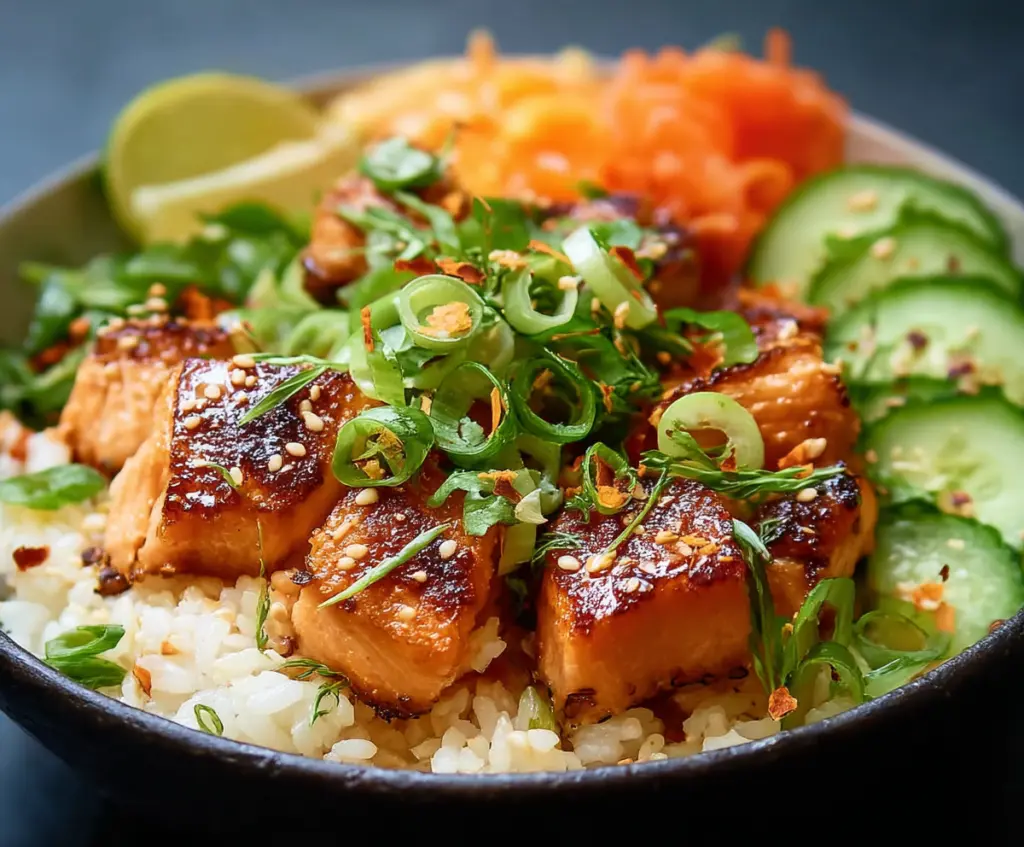 Delicious salmon rice bowl with fresh vegetables and flavorful sauce, perfect for a healthy meal.