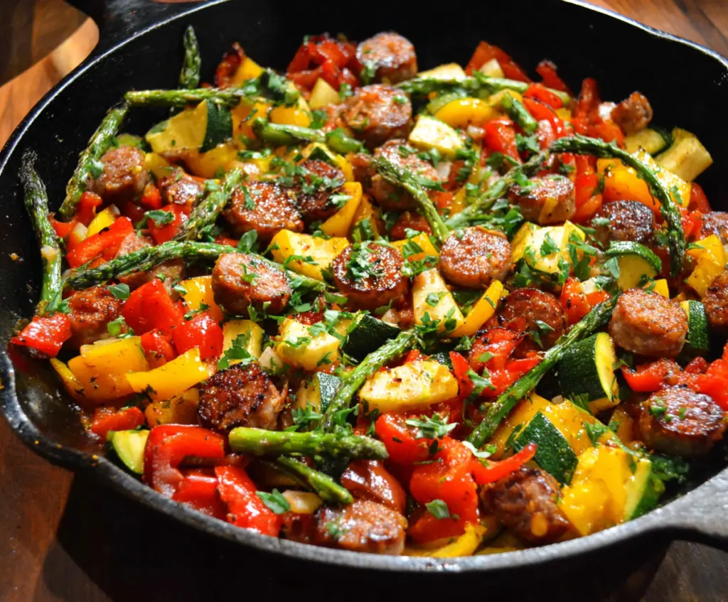 Delicious sausage and colorful vegetable skillet in a skillet pan