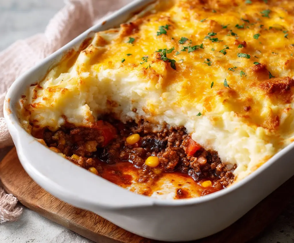 Delicious homemade Shepherd’s Pie with mashed potatoes and seasoned ground beef in a baking dish