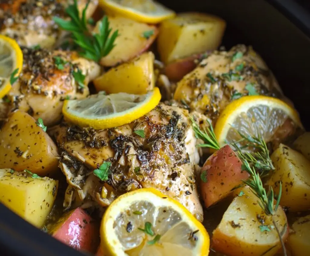 Delicious slow cooker Greek lemon chicken served with tender potatoes, garnished with fresh herbs.