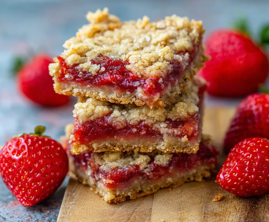 Delicious homemade strawberry oatmeal bars with fresh strawberries and a golden crust.