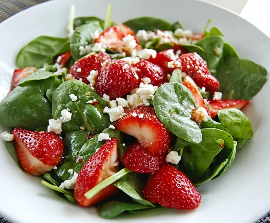 Fresh strawberry spinach salad topped with creamy goat cheese and optional nuts, perfect for a healthy meal.
