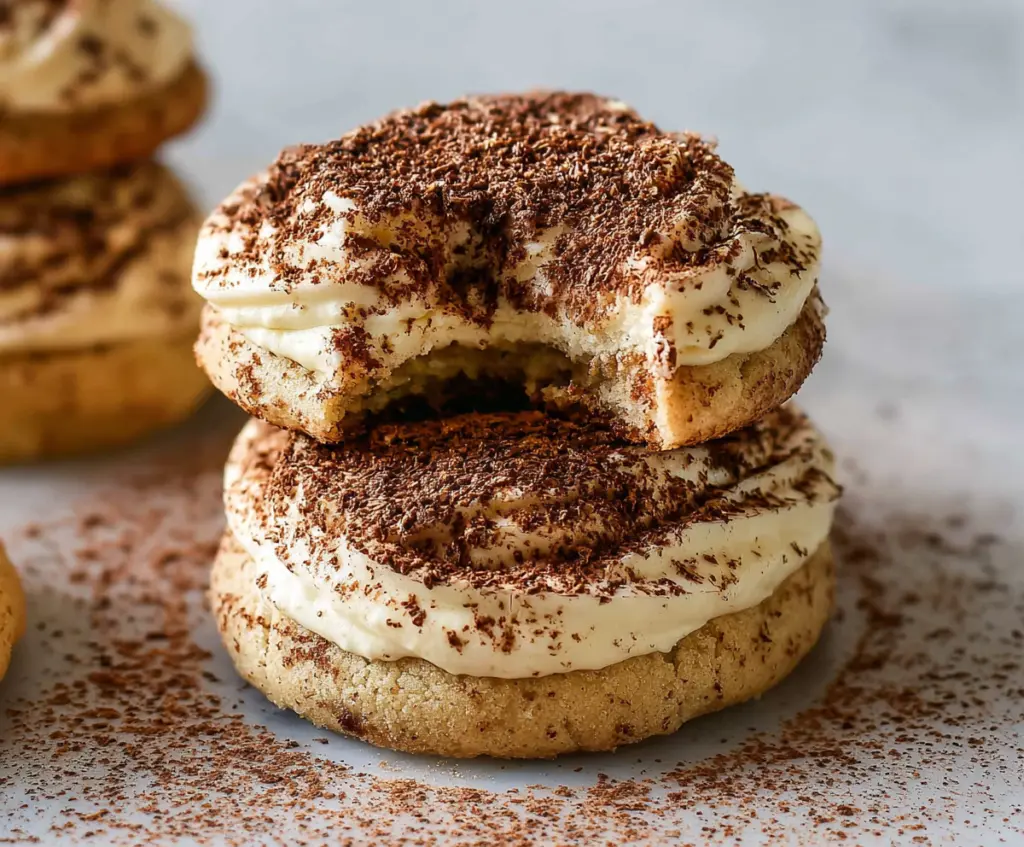 Delicious Tiramisu Cookies with coffee-flavored cream and cocoa powder topping.