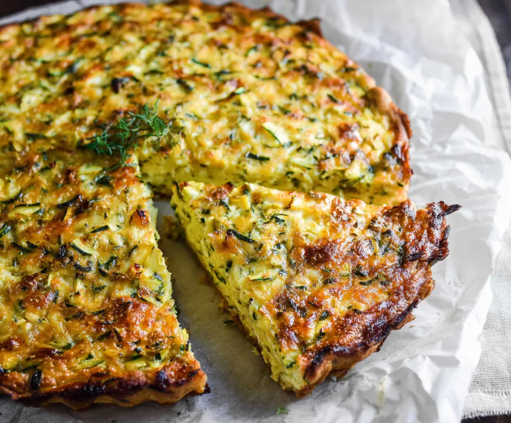 Delicious cheesy zucchini quiche with golden crust and fresh zucchini slices.