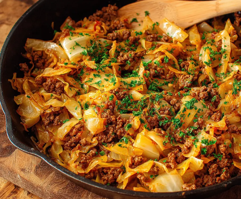 Delicious ground beef and cabbage skillet meal in a black skillet on a wooden table