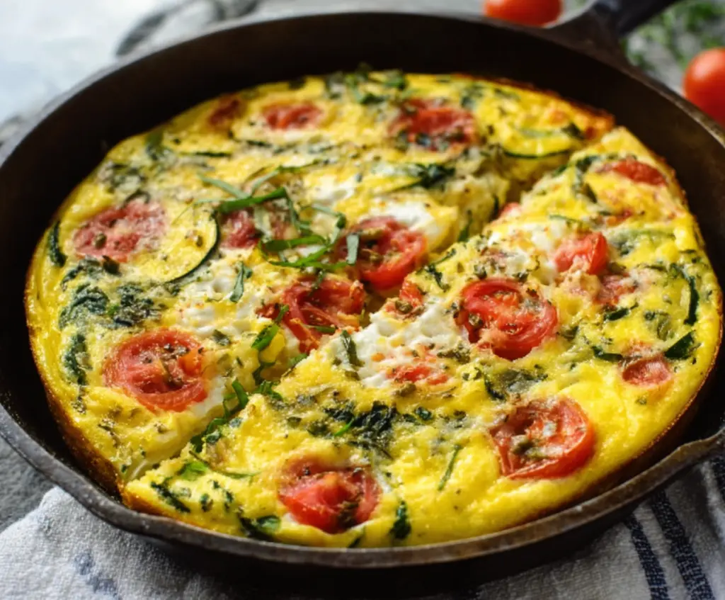 Delicious high-protein frittata with fresh vegetables and melted cheese on a white plate.