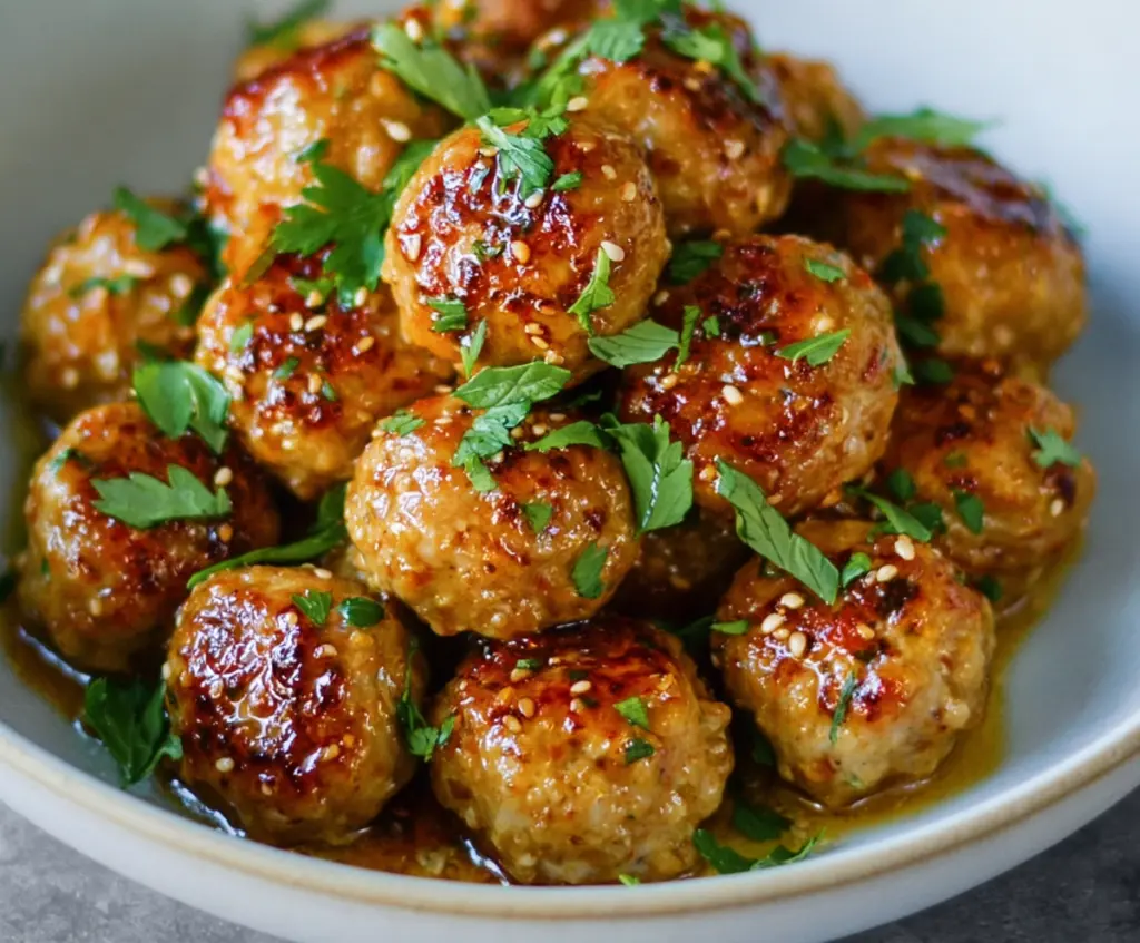 Honey Garlic Chicken Meatballs served with a glossy honey garlic glaze on a white plate.