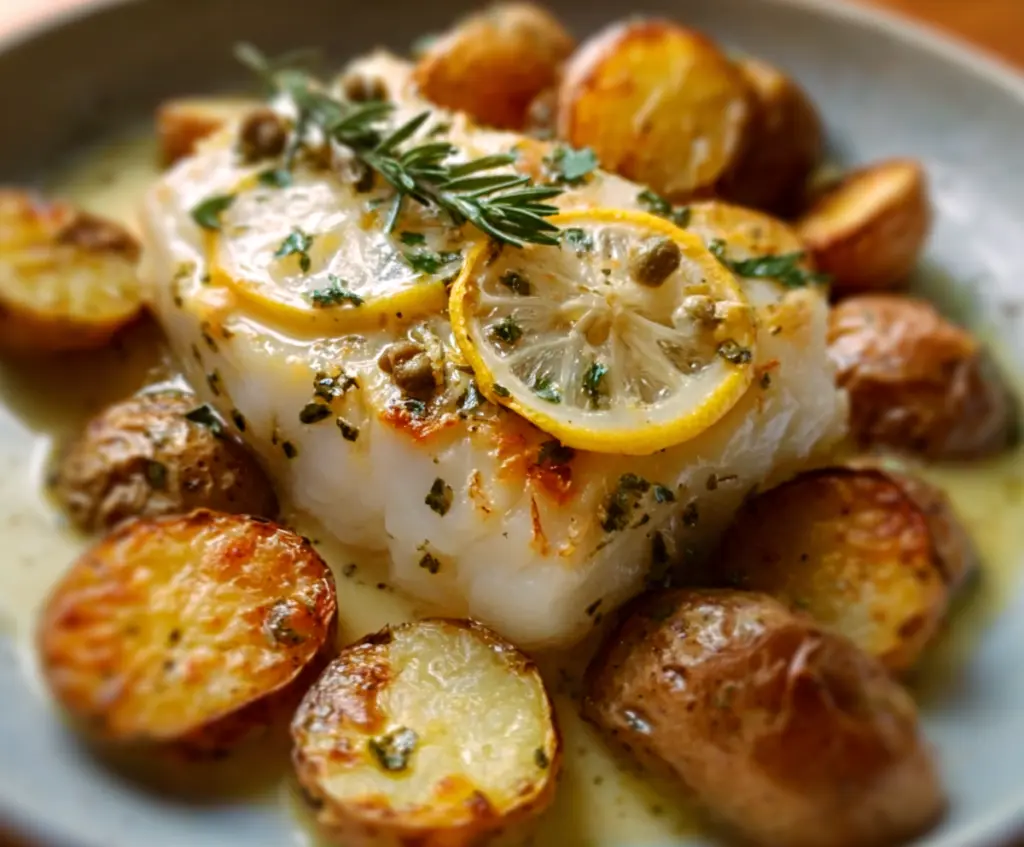Delicious Lemon Herb Cod served with crispy roasted potatoes on a plate.