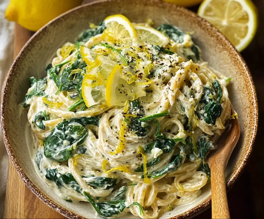 Delicious lemon ricotta spinach pasta served on a plate with fresh herbs.