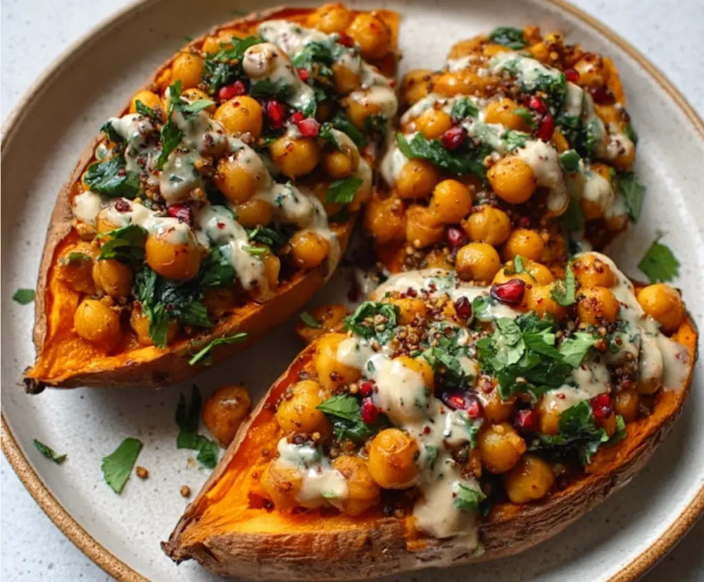 Baked sweet potatoes halved and Stuffed with a flavorful Mediterranean chickpea filling, garnished with fresh herbs.
