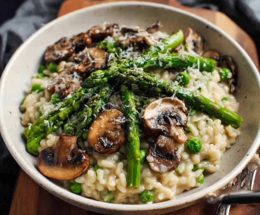 Delicious mushroom and asparagus risotto served in a bowl, showcasing creamy texture and fresh ingredients.