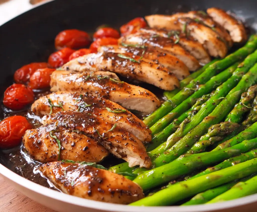 Delicious one-pan balsamic chicken with roasted asparagus on a plate.
