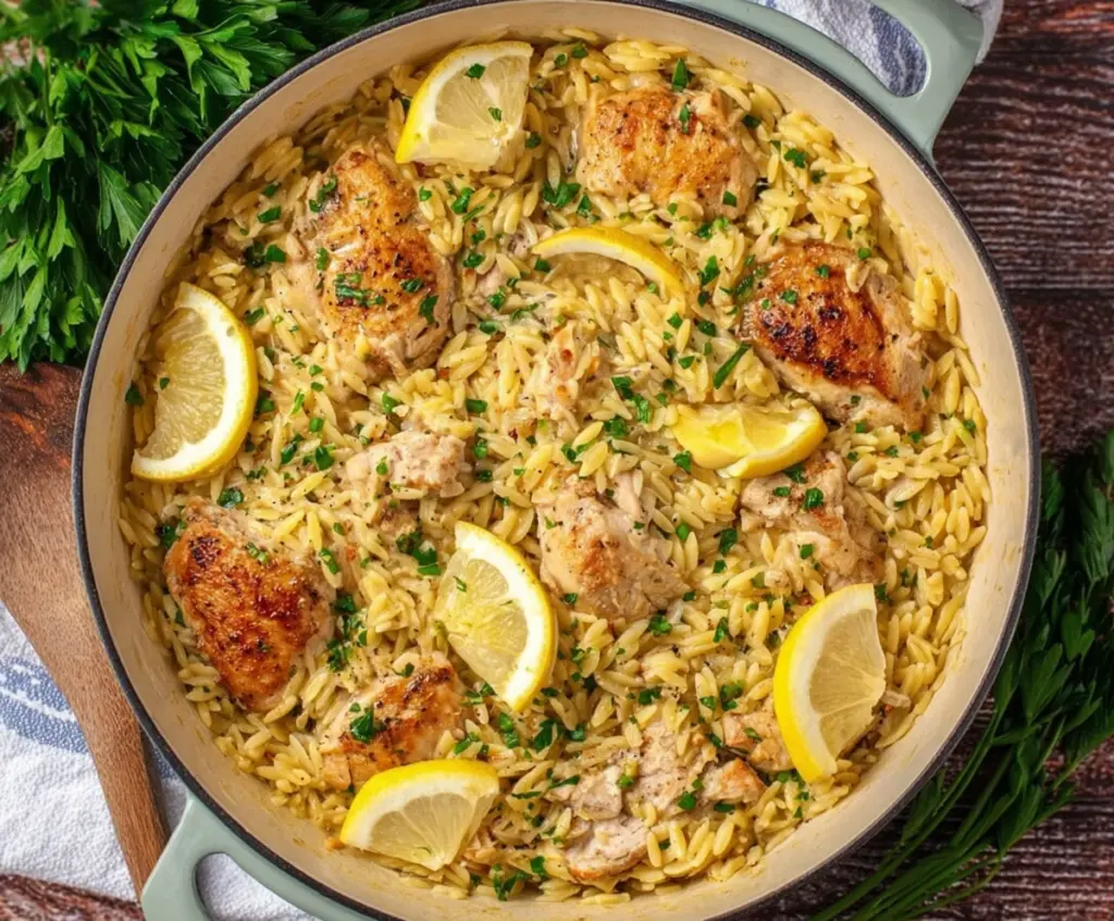 Delicious one pot lemon chicken orzo served in a bowl, garnished with fresh herbs.
