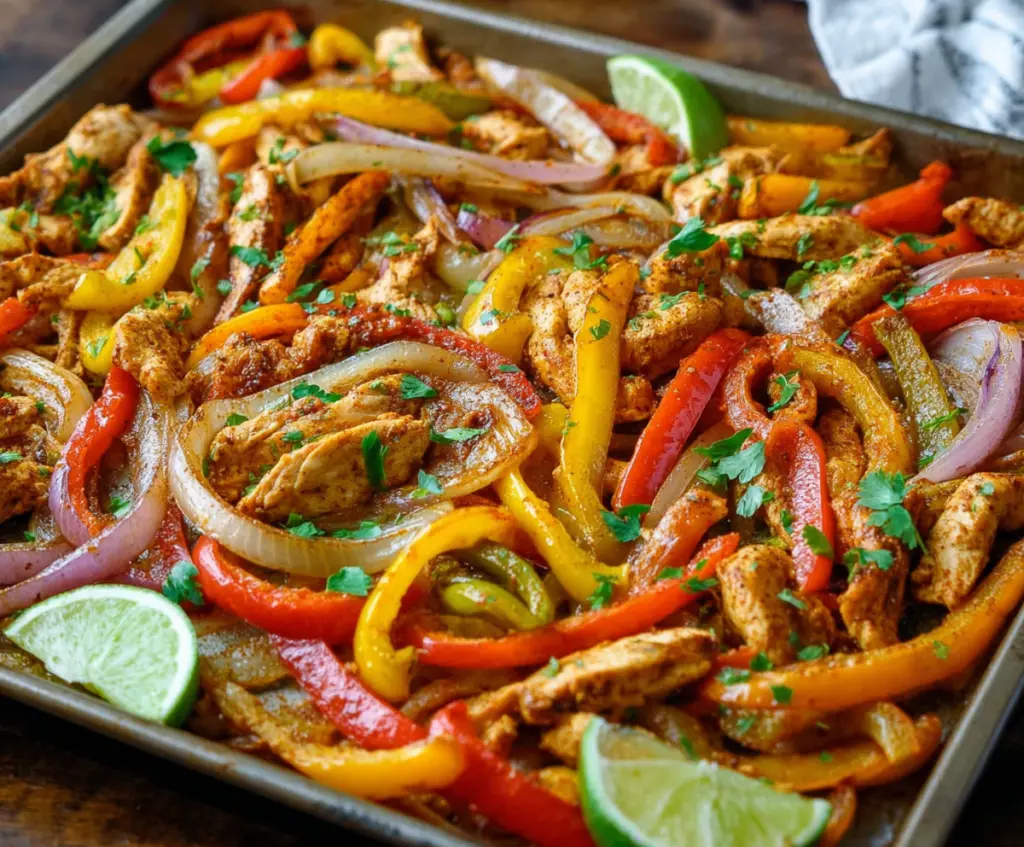 Colorful sheet pan chicken fajitas with bell peppers and onions, perfect for a quick and easy dinner.