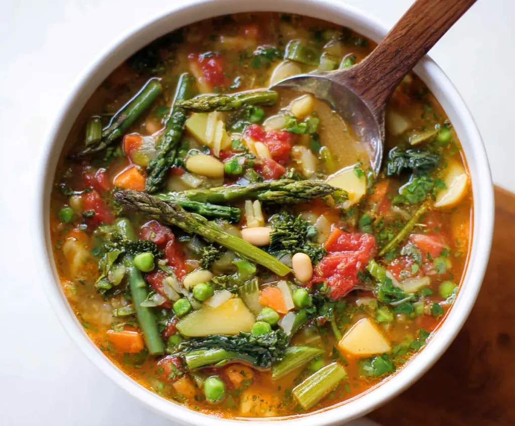 Fresh spring minestrone soup in a bowl with colorful vegetables and herbs, perfect for a healthy meal.