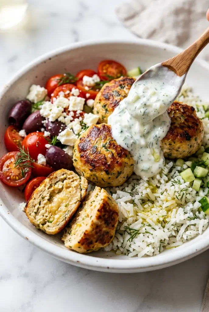 Greek Chicken Meatball Pita Bowl with Cucumber-Feta Rice