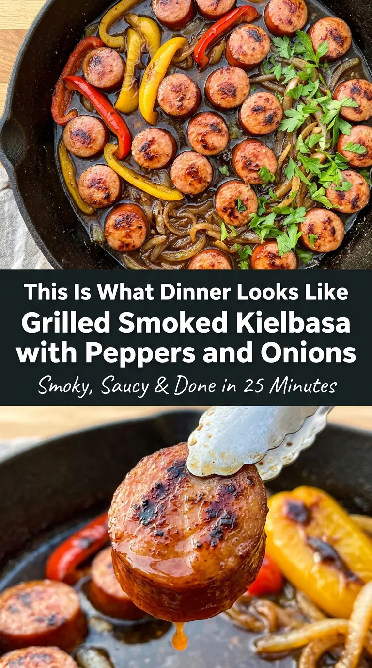 Grilled Smoked Kielbasa with Peppers and Onions smoky charred savory