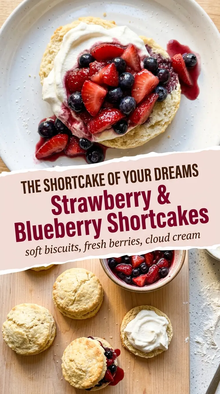 Easy Strawberry & Blueberry Shortcakes, fluffy berries, whipped cream