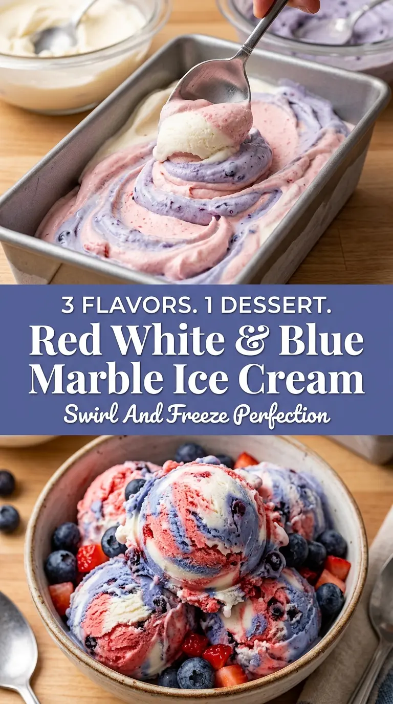 Red White & Blue Marble Ice Cream colorful swirls, berry-studded, festive frozen dessert