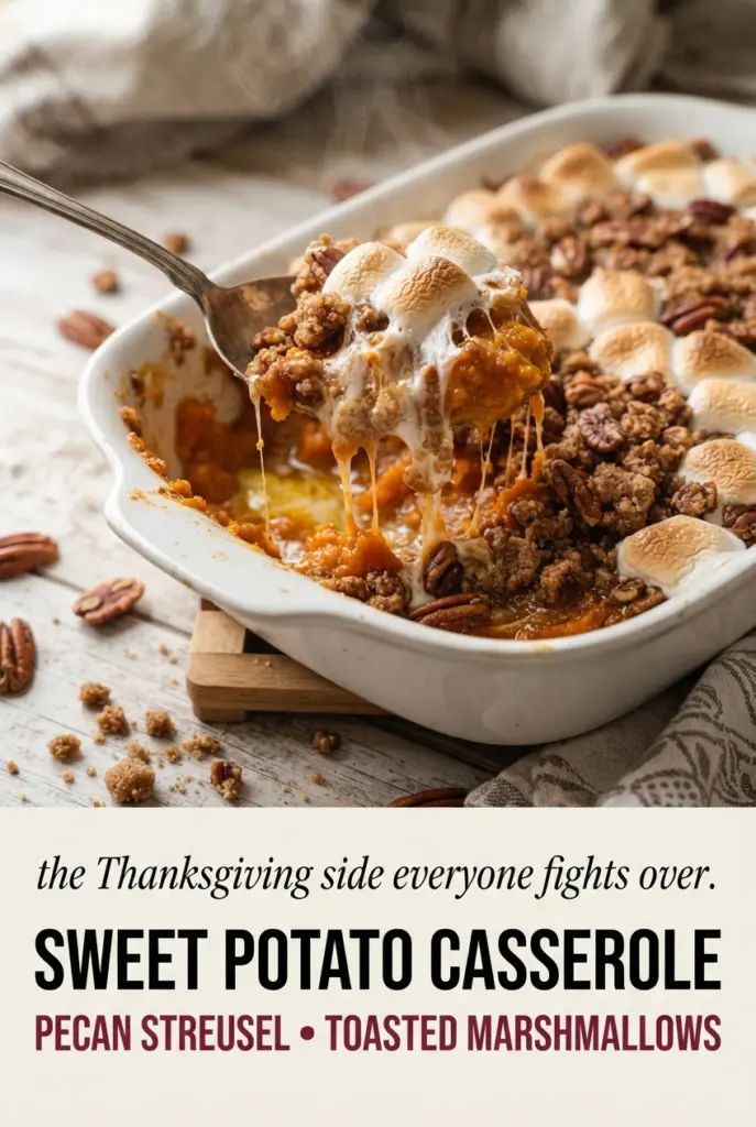 Classic Sweet Potato Casserole with Pecan Streusel and Marshmallows