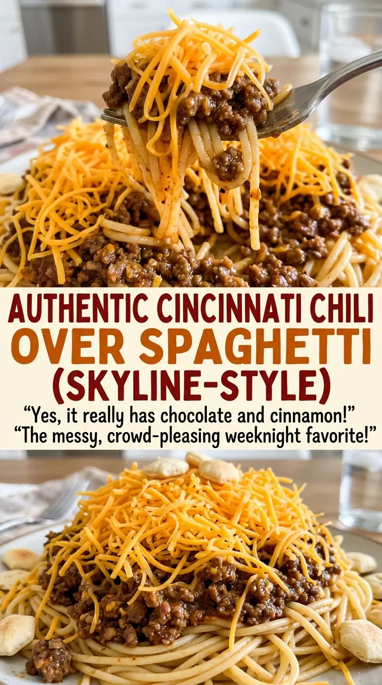 Authentic Cincinnati Chili over Spaghetti, fine-textured and cheddar-topped