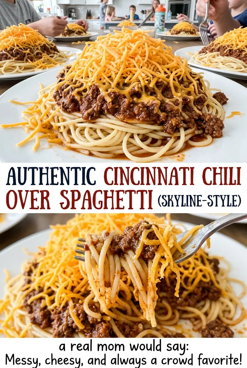 Authentic Cincinnati Chili over Spaghetti, warmly spiced and cheese-topped