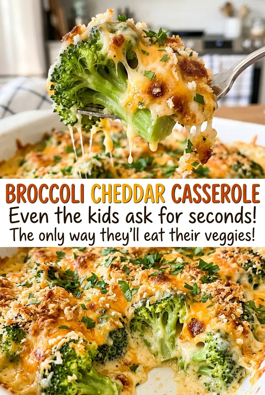 Broccoli Cheddar Casserole with creamy sauce and golden topping