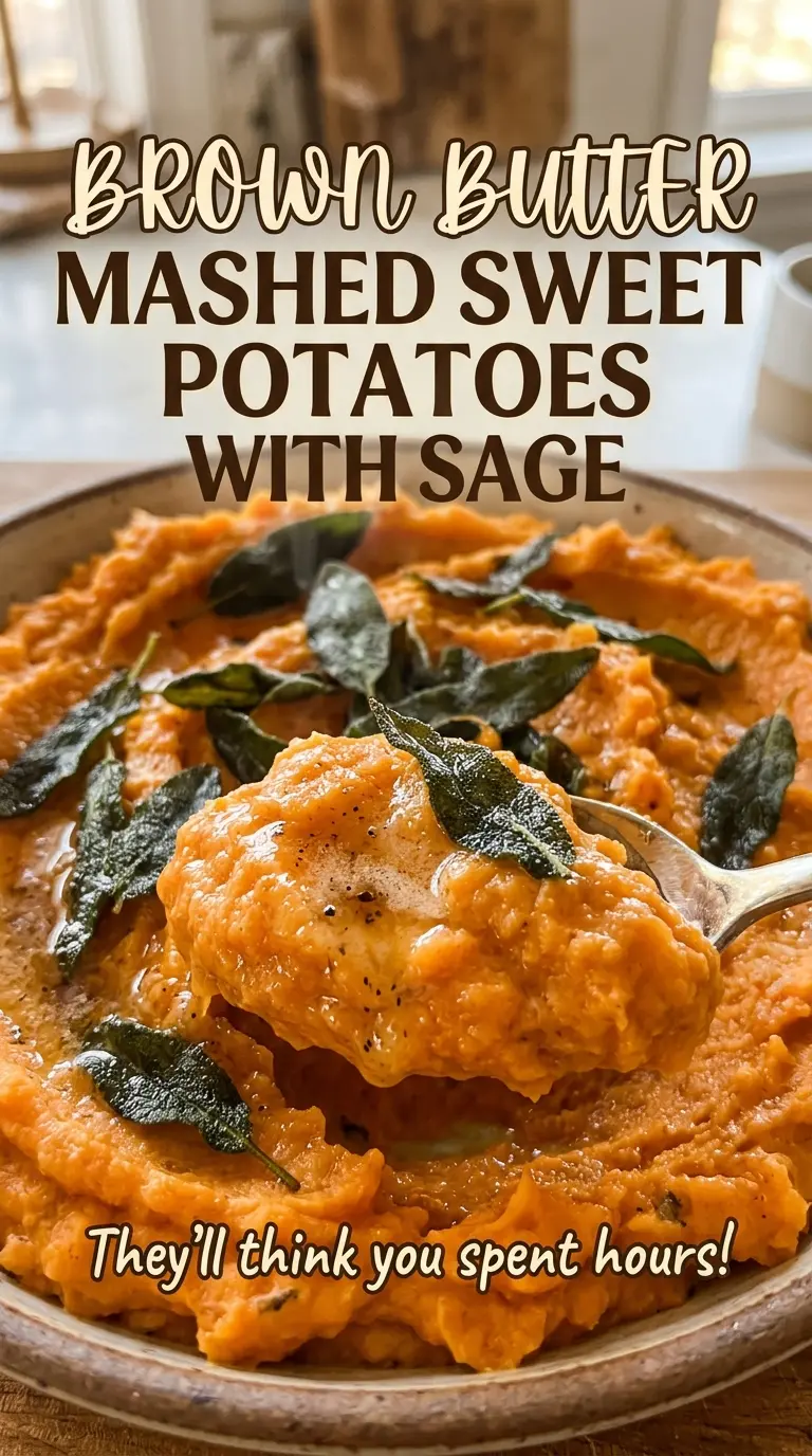 Brown butter mashed sweet potatoes with sage, golden and herb-flecked