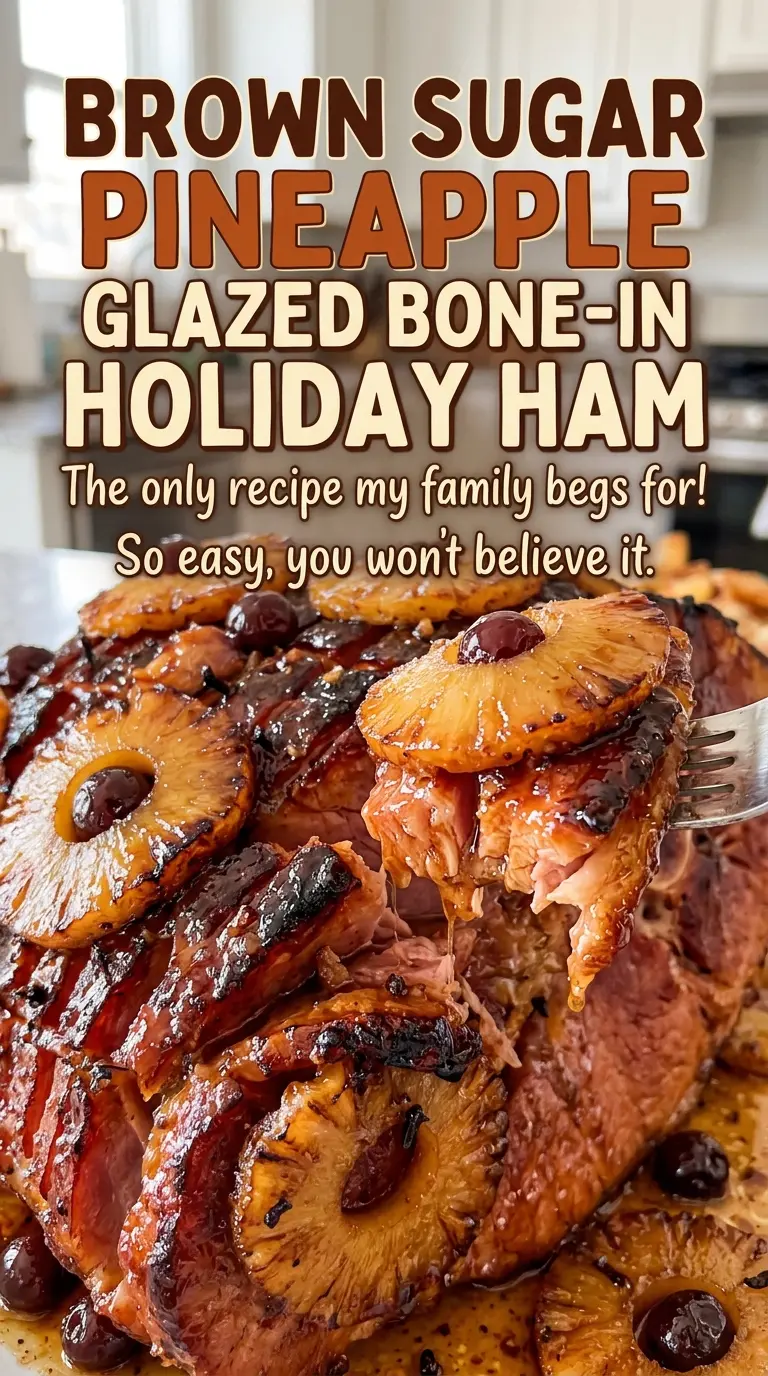 Brown Sugar Pineapple Glazed Bone-In Holiday Ham, caramelized pineapple and tender slices