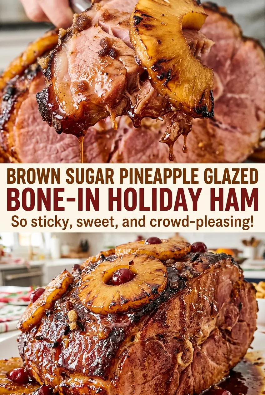Brown Sugar Pineapple Glazed Bone-In Holiday Ham with glossy pineapple rings