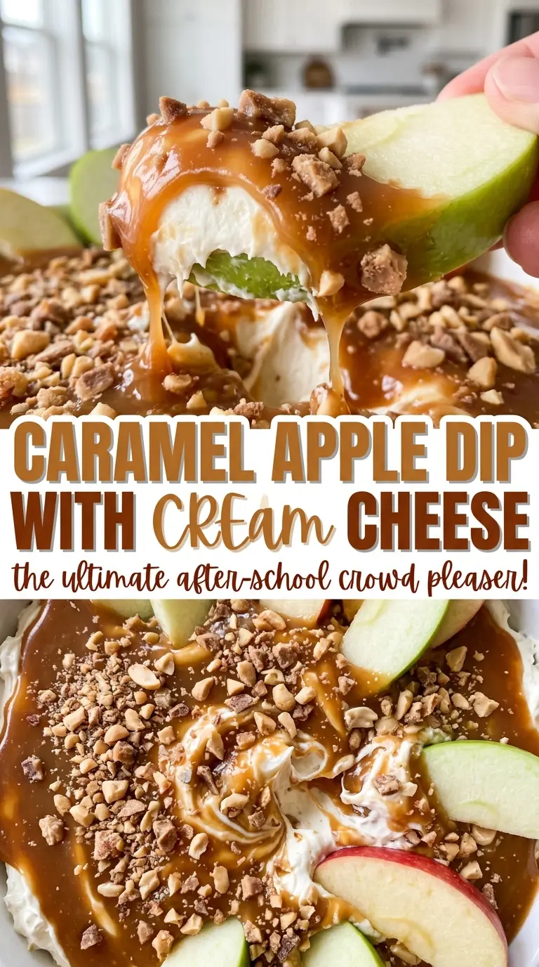 Caramel apple dip with cream cheese, glossy caramel, crunchy peanuts