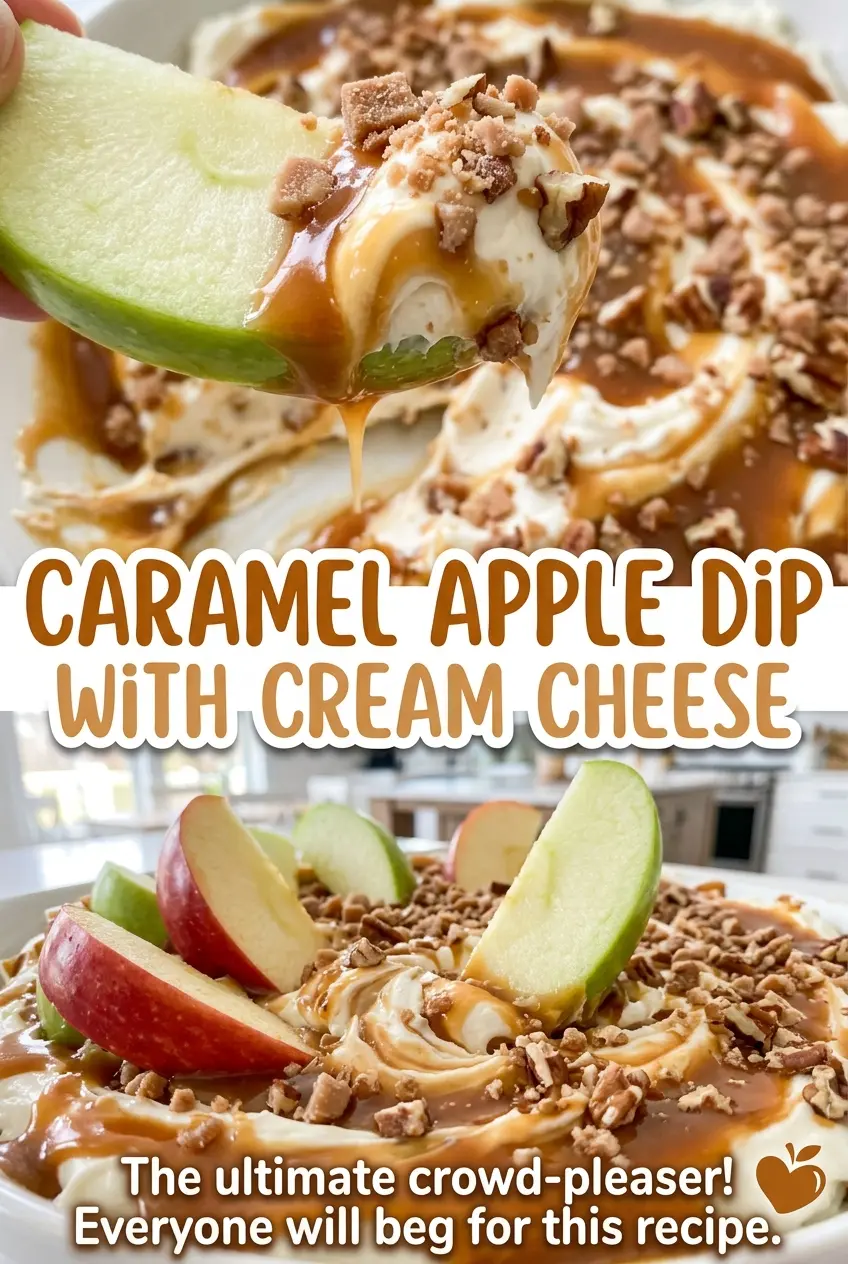 Caramel apple dip with cream cheese, glossy caramel, crunchy peanuts