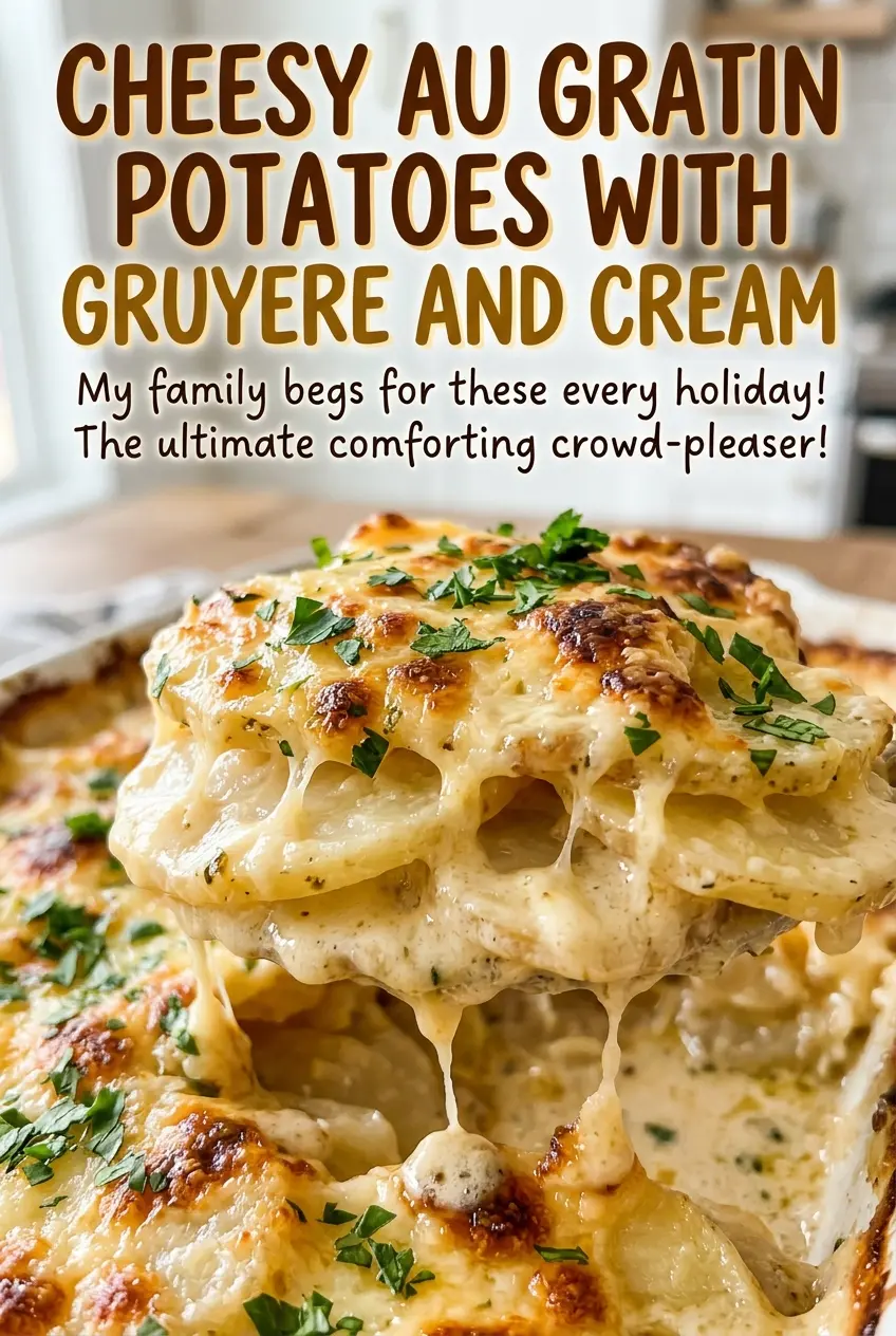 Cheesy au gratin potatoes with Gruyere and cream, golden bubbling top