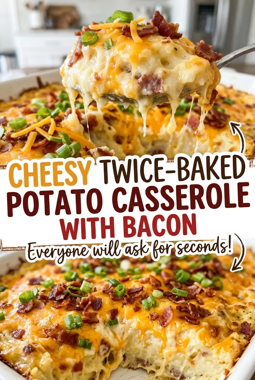 Cheesy Twice-Baked Potato Casserole with Bacon, golden cheese topping