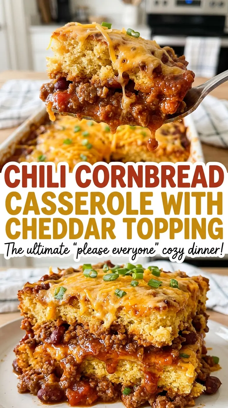 Chili Cornbread Casserole with Cheddar Topping golden cornbread layers