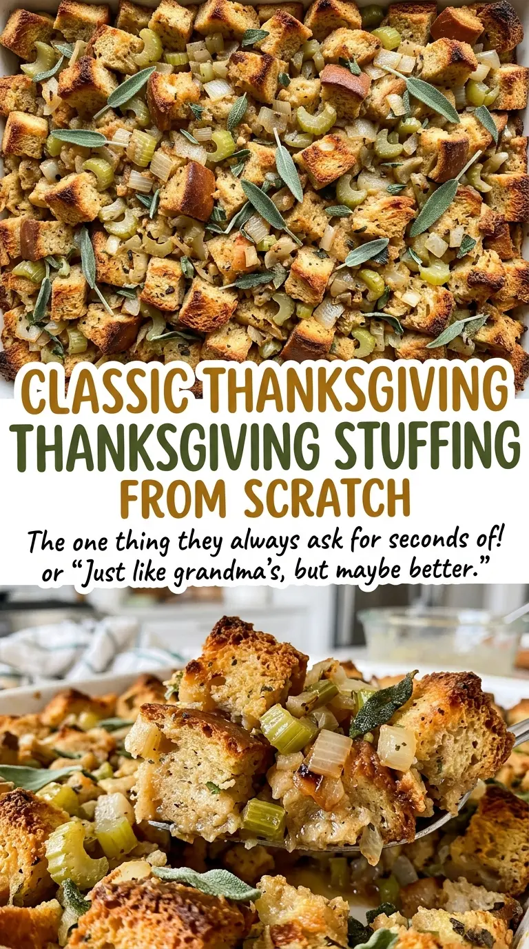Classic Thanksgiving stuffing from scratch, savory tender cubes