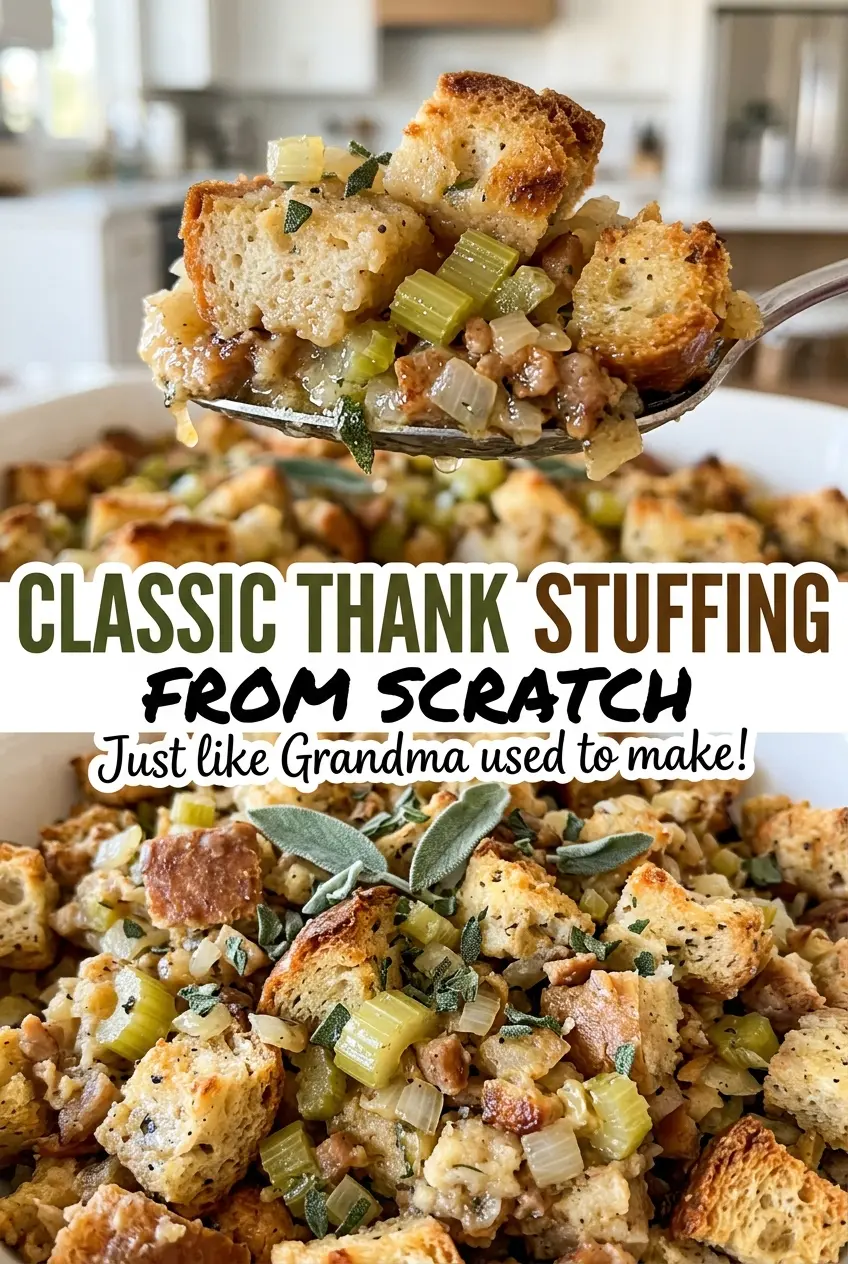 Classic Thanksgiving stuffing from scratch, golden crisp top