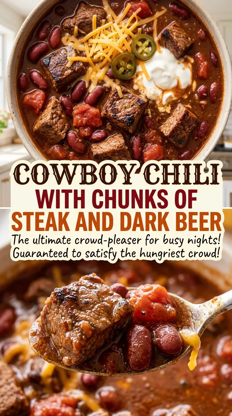 Cowboy Chili with Chunks of Steak and Dark Beer, hearty and rich