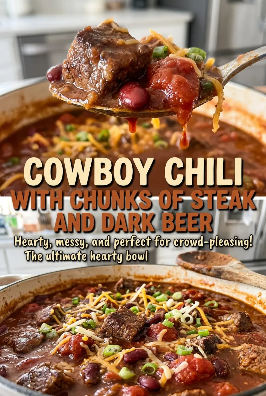 Cowboy Chili with Chunks of Steak and Dark Beer, hearty and rich