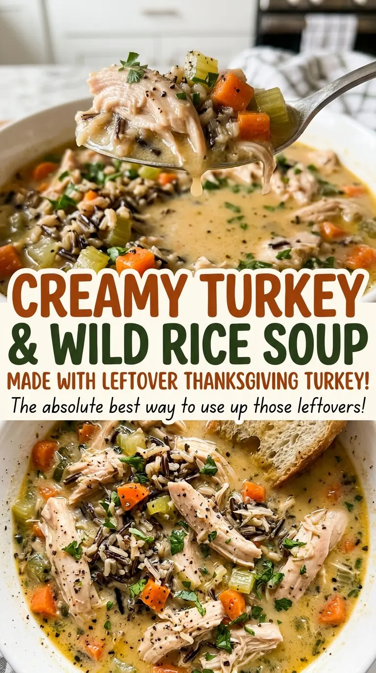 Creamy turkey and wild rice soup, tender and rice-studded